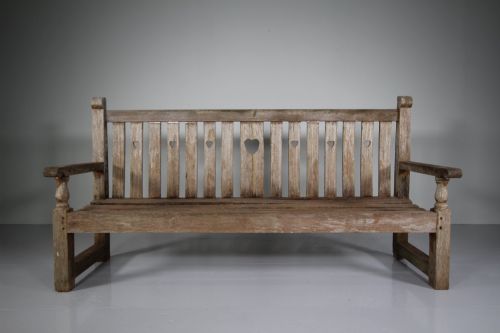 English Edwardian Antique Teak Heart Motif Garden Bench Seat
