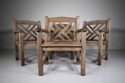 Set of Four 1930'S Lister Teak Chinese Chippendale Garden Armchairs