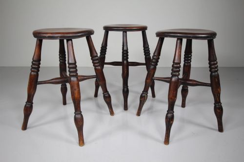 True Set of Three English 19th Century Antique Kitchen Dining Stools