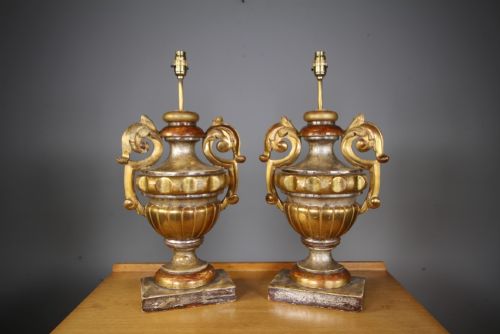 Large Pair of 19th Century Carved Pine & Gilt Antique Urn Lamps