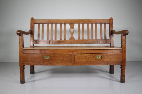 19th Century Welsh Heart Antique Oak Hall Bench Seat