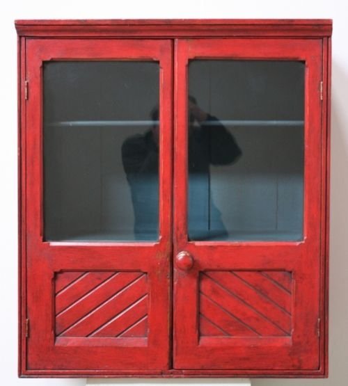 English Antique Painted Pine Glazed Wall Cupboard