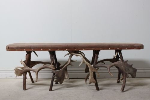 Antique Leather and Antler Window Seat