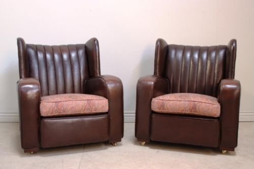 Pair of 1930'S Antique Brown Leather Armchairs