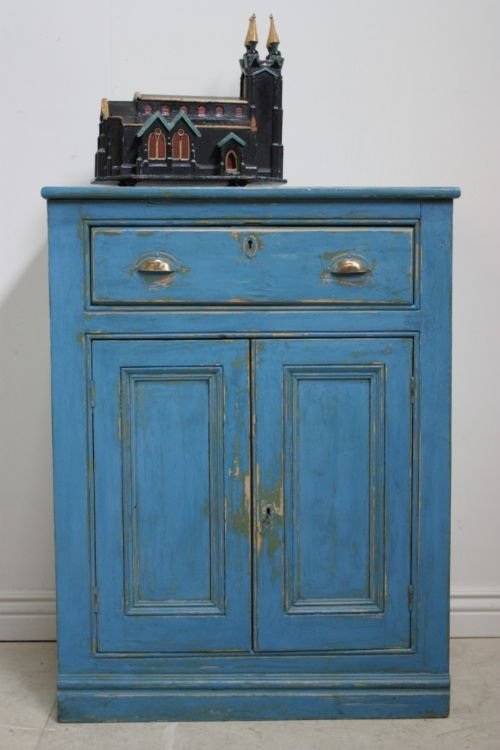 English Antique Victorian Cupboard in Blue Paint
