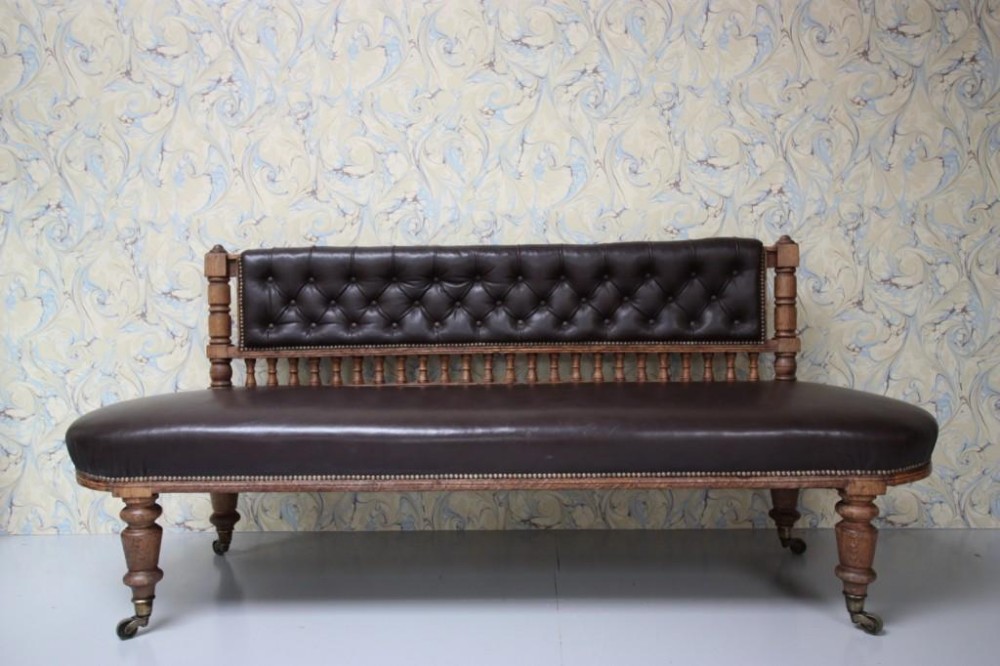 Gentleman's Antique Oak & Leather Club Sofa.