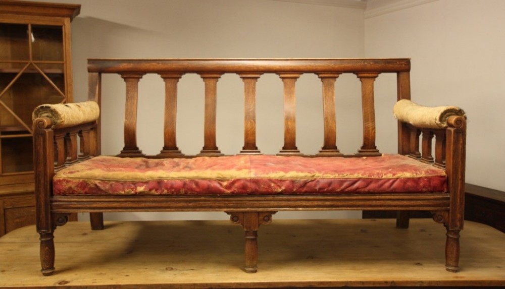 Handsome English Oak & Leather Sofa.