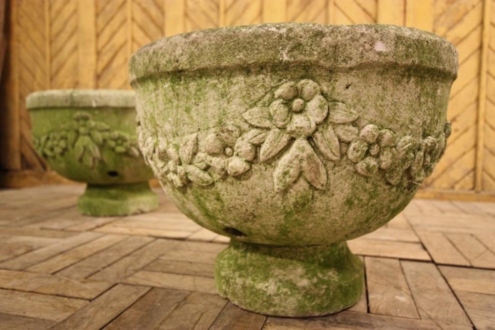 Pair of Antique Hand Carved Limestone Urns.