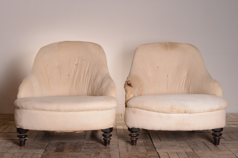 Pair of Large English Antique Upholstered Armchairs