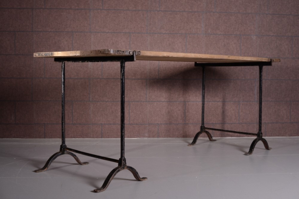 Edwardian Antique Pine & Iron Trestle Dining Table