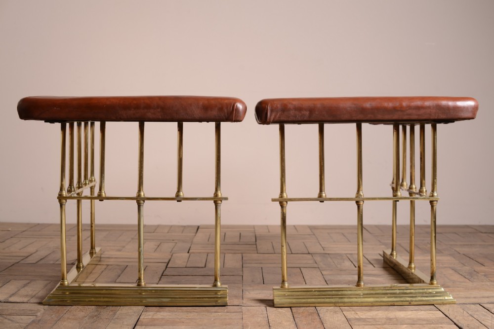 Pair of English Antique Brass & Leather Club Fenders. 