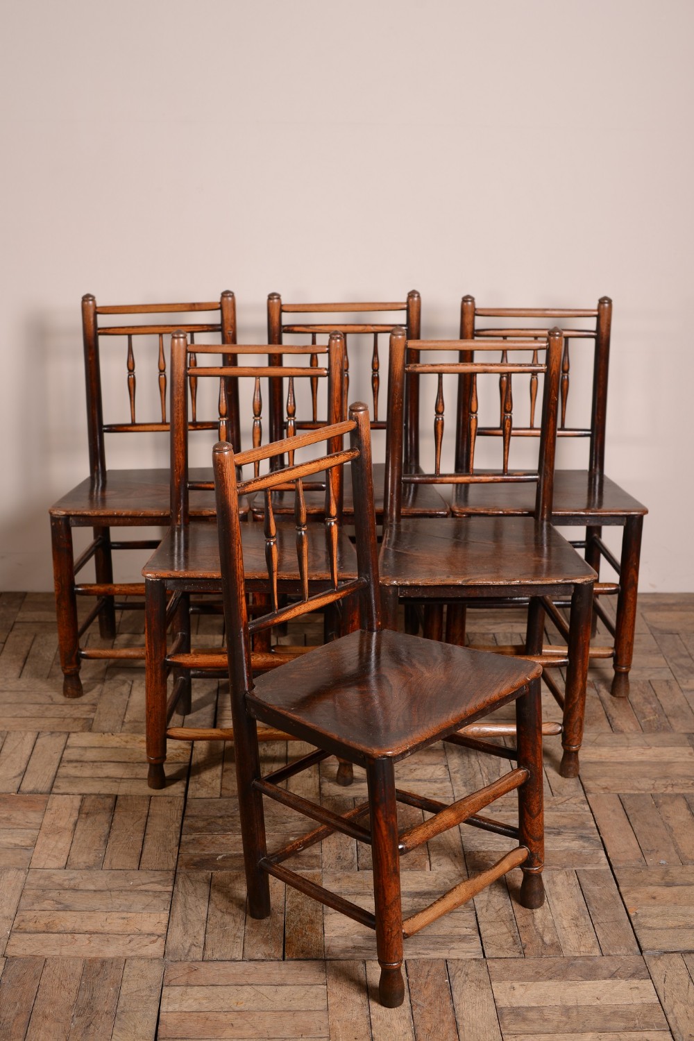 A Good Set of Six Antique Elm Dales Dining Chairs.
