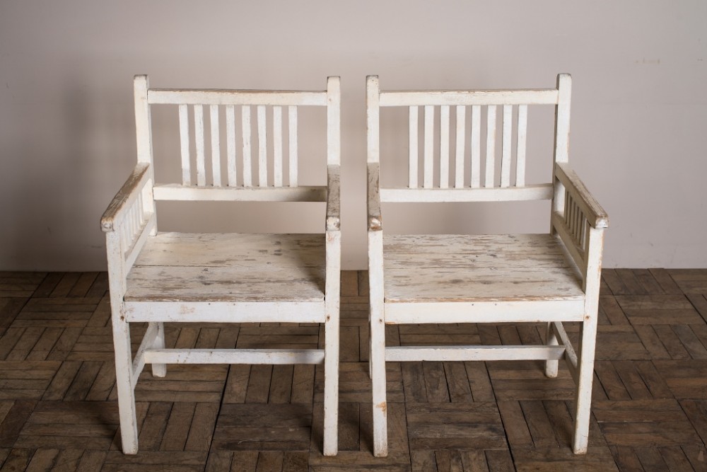 Pair of Edwardian Antique Painted Pine Conservatory Chairs