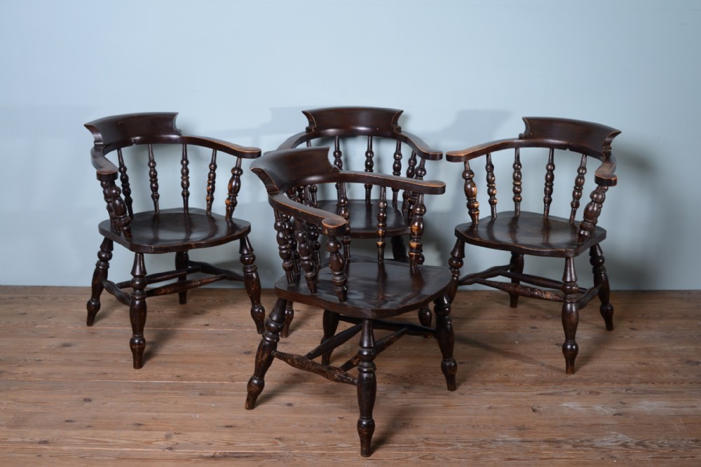 Four 19th Century Antique Elm Captains Dining Chairs. 