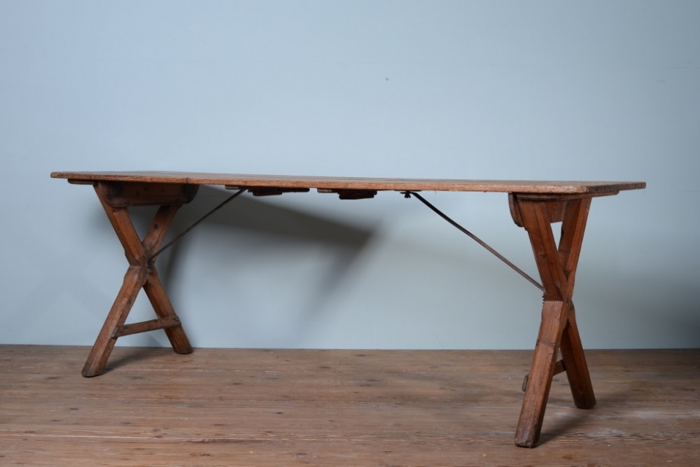 19th Century Antique X Frame Pine Dining Table