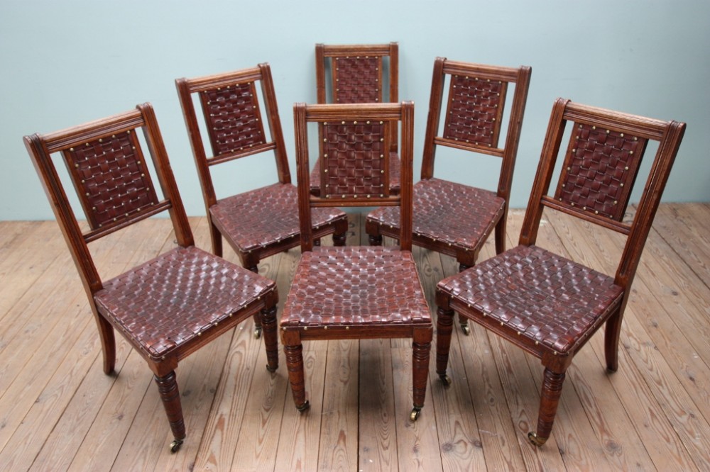 Great Set of Six Gillows Antique Walnut & Leather Dining Chairs.