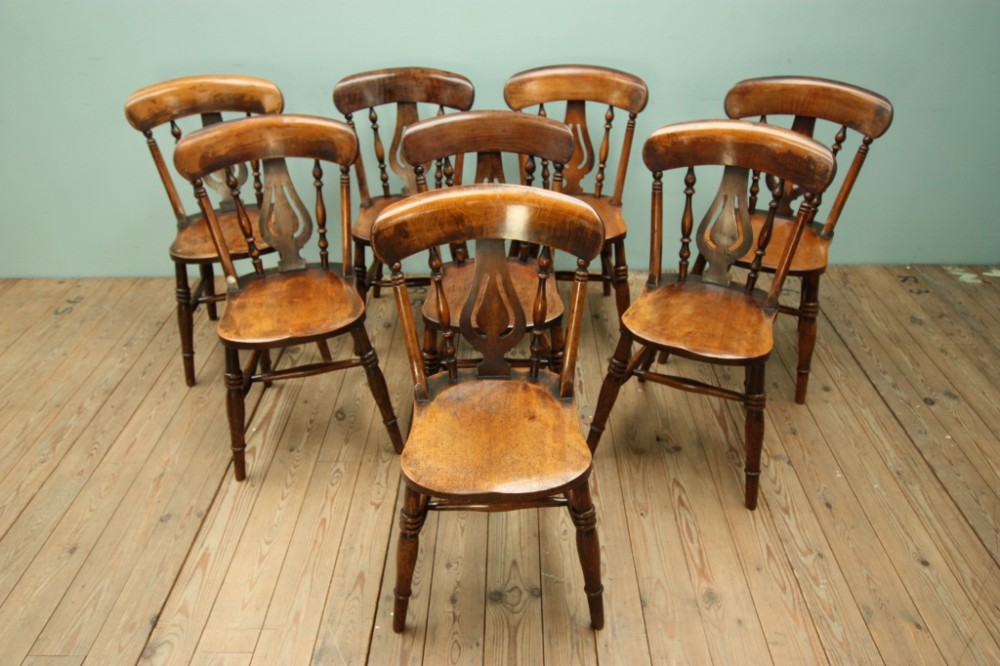 Set of Eight Antique Lancashire Kitchen Dining Chairs
