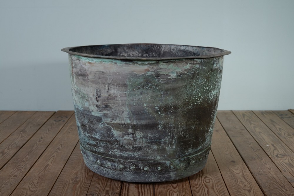 Large Antique Copper Vessel with Natural Verdigris Finish.