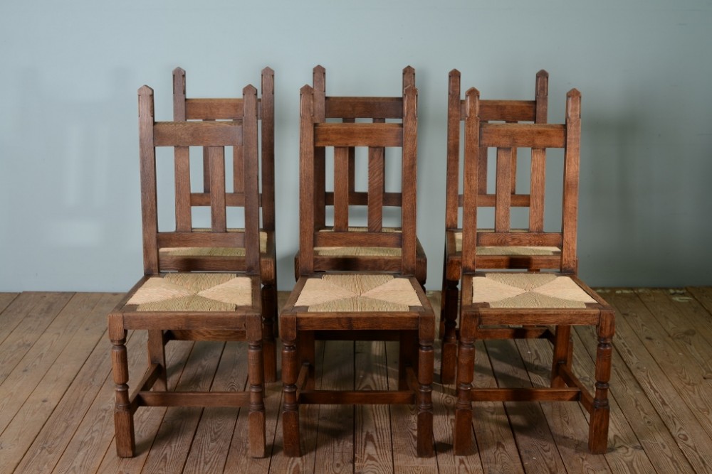 Set of Six Antique Culloden Oak Chairs by Liberty's.