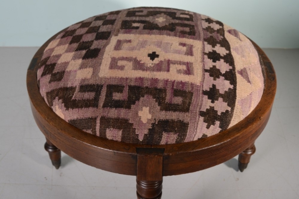 Large William IV Antique Oak Circular Footstool in Kelim.