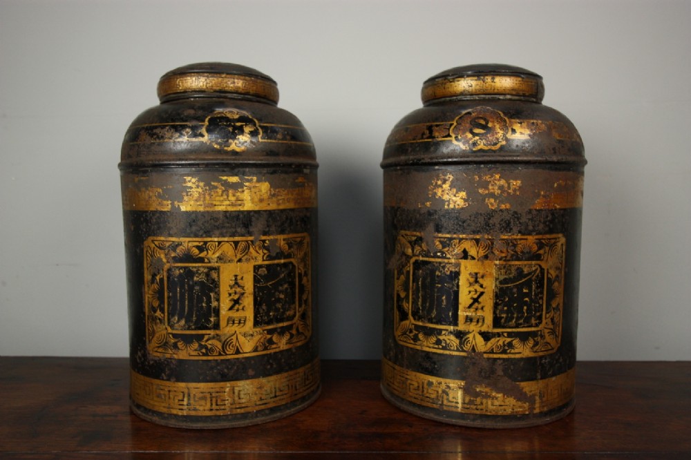 Pair of English 19th Century Antique Chinoiserie Tea Tins