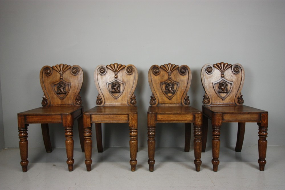 Set of Four William IV Antique Oak Hall Chairs. 