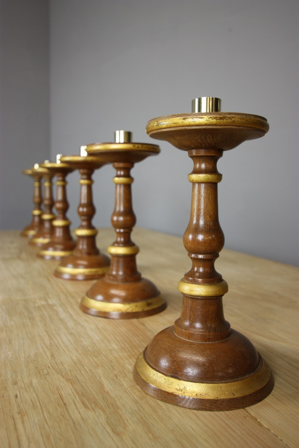 Set of Six Large Oak & Gilt Antique Candlesticks. 
