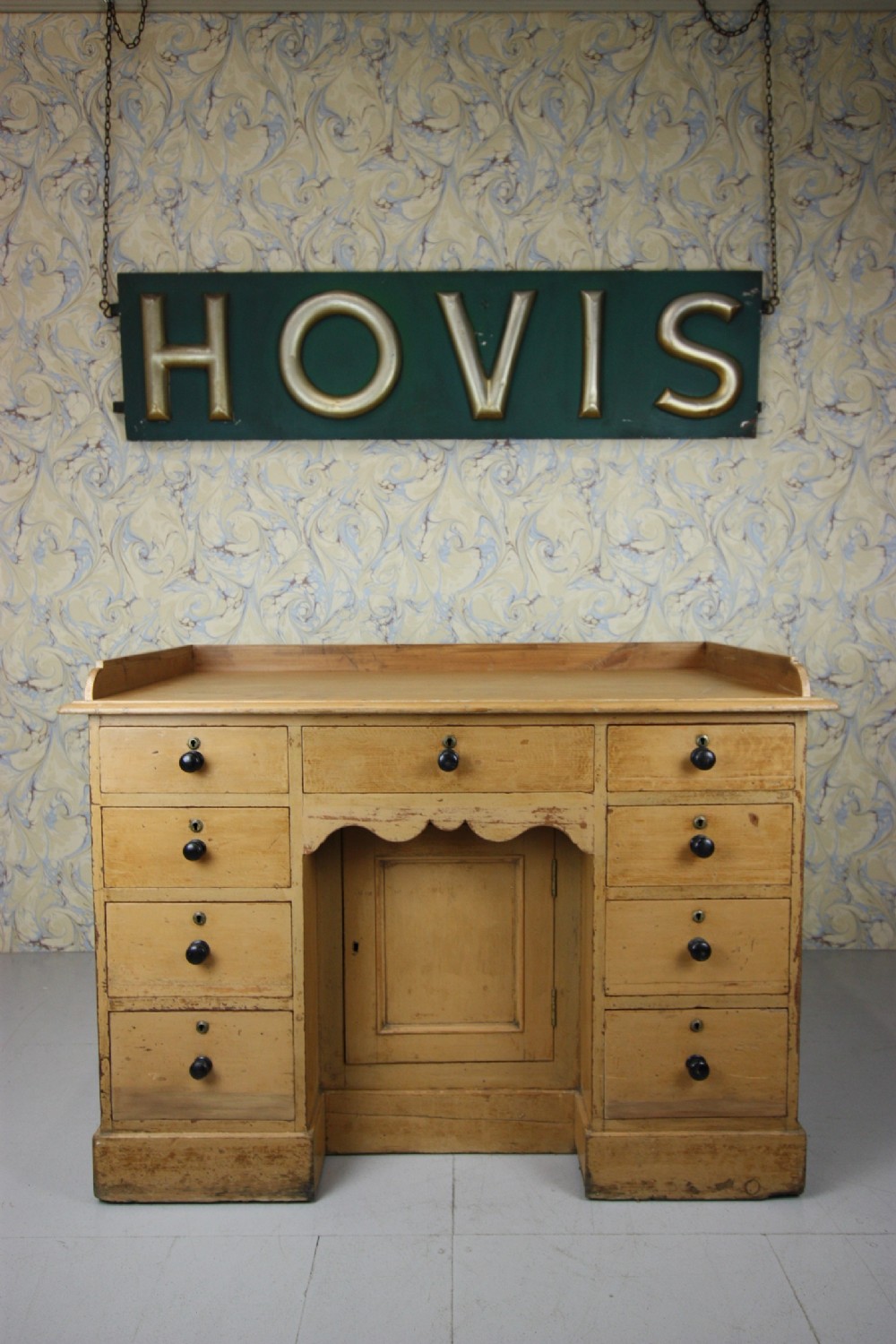 English Antique Pine Desk in Original Cream Paint.