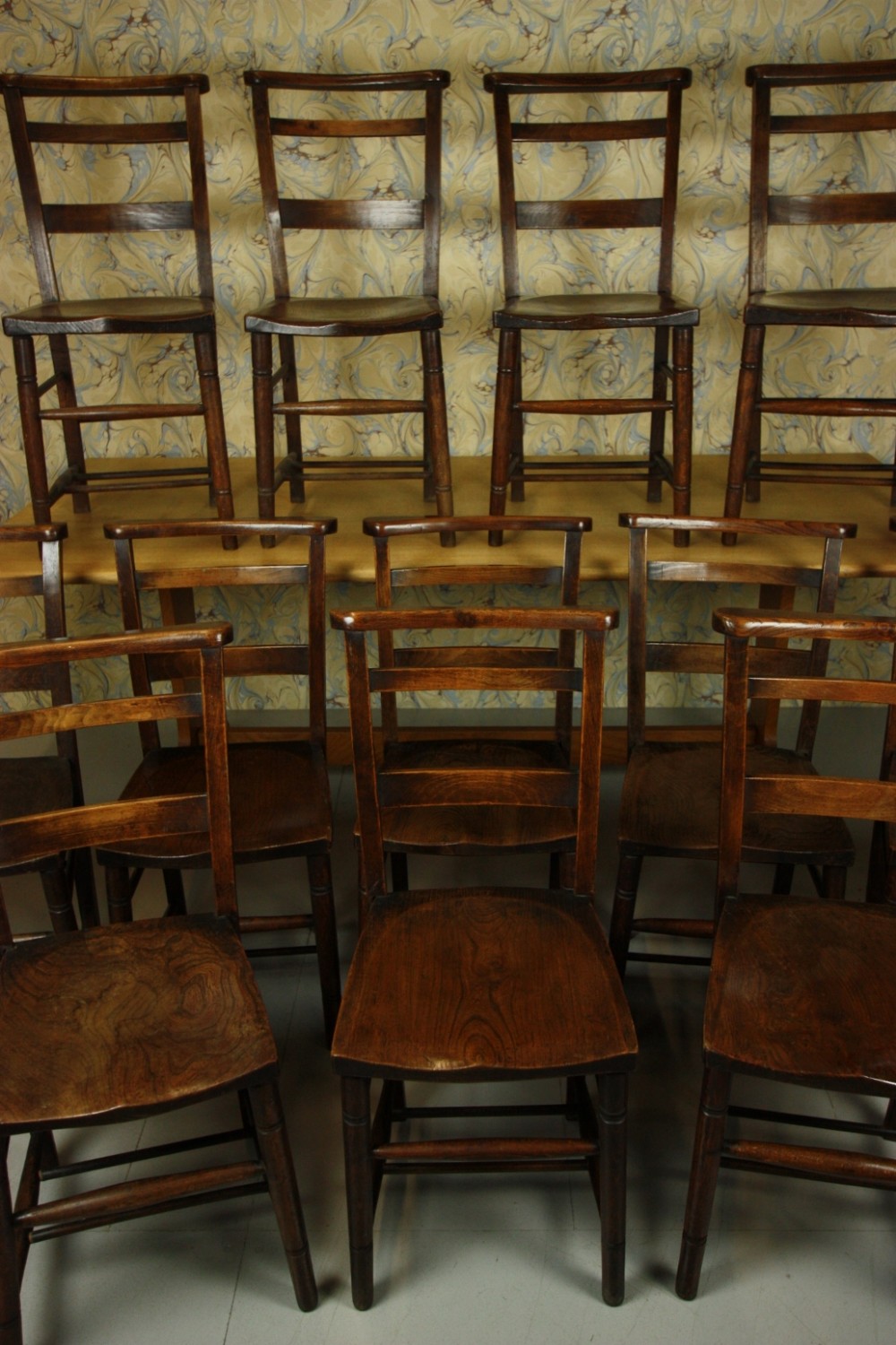Set of Twelve Antique Chapel Dining Chairs.