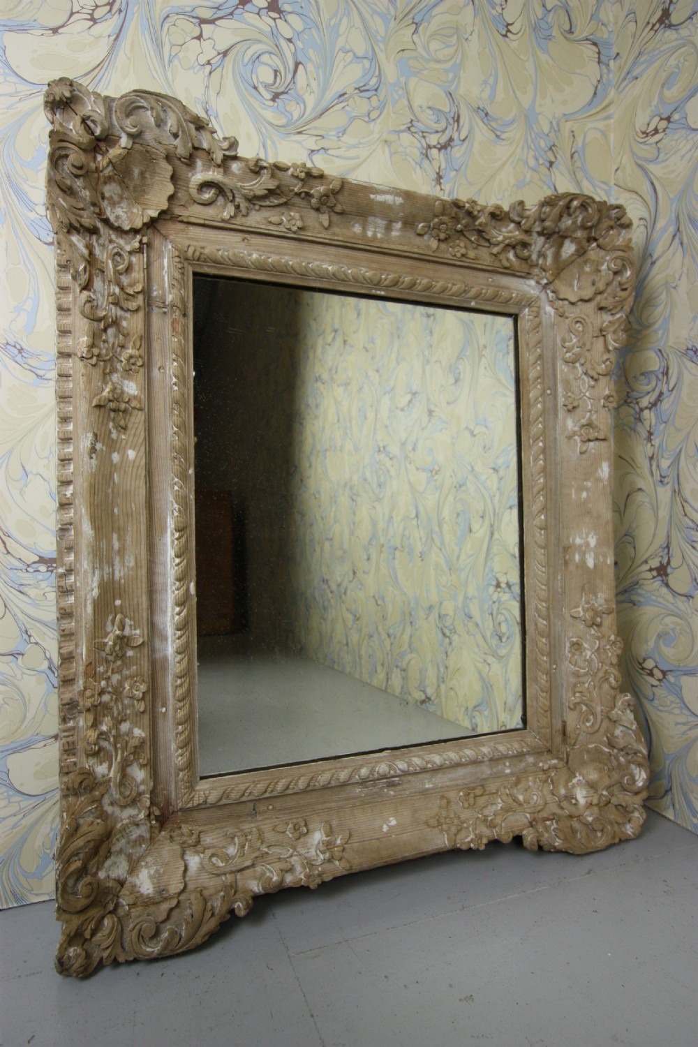 18th Century Antique Carved Pine Mirror.