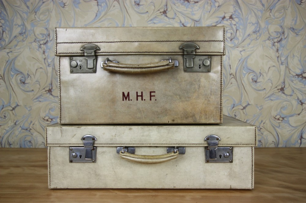 Pair of Edwardian Antique White Vellum Trunks.