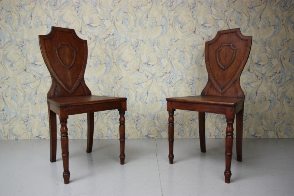 Pair of Regency Antique Oak Hall Chairs.