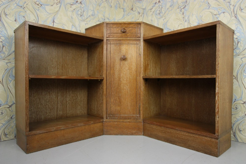 Heals 1920's Oak Corner Bookcase. Labeled.
