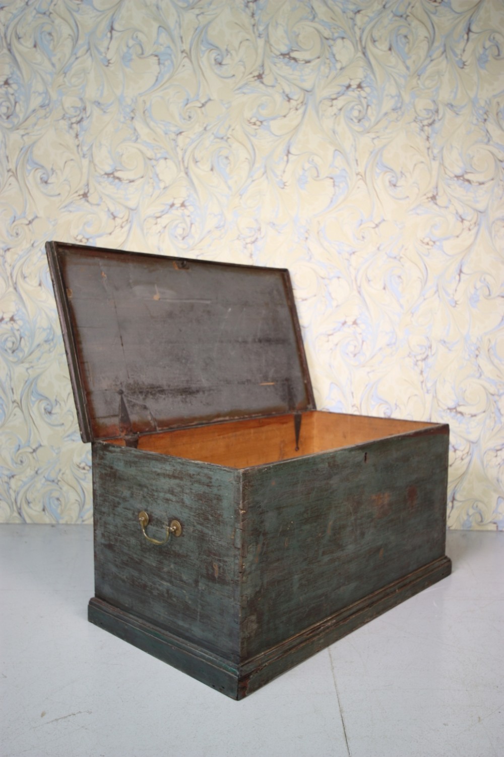 19th Century Antique Pine Bedding Box in Original Blue.
