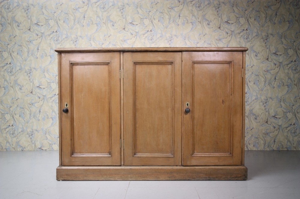 Original Cream Painted Pine Antique Three Door Cupboard.