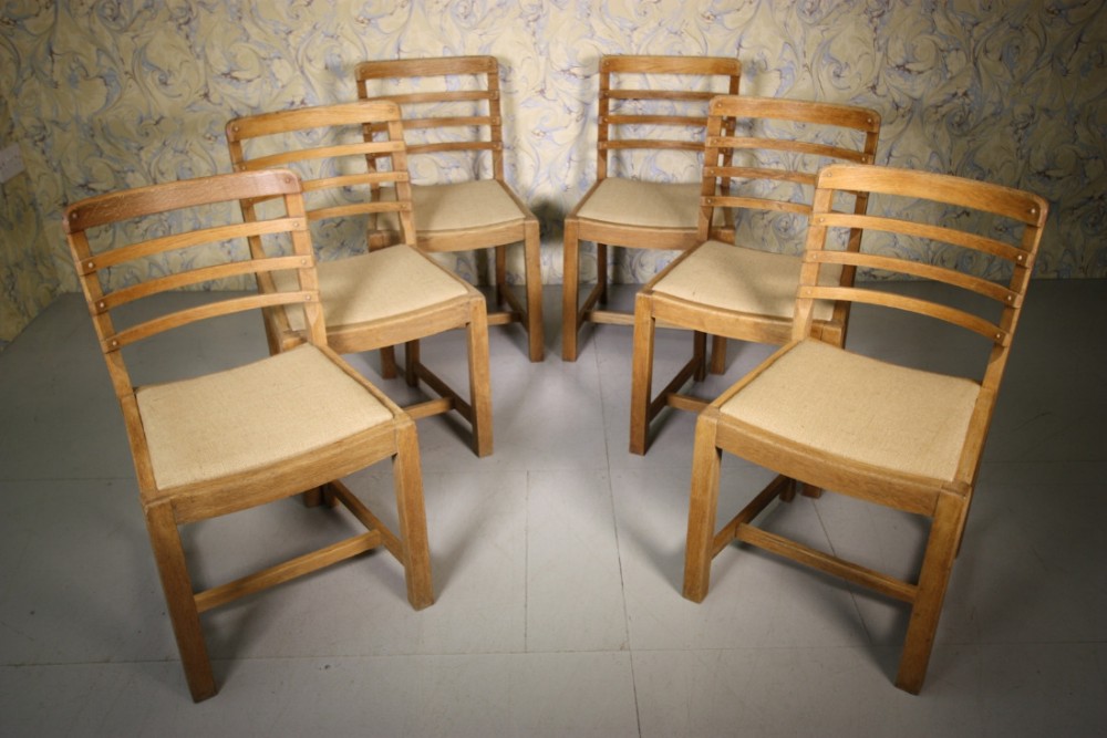 Set of Six 1930's Heals Oak Dining Chairs.
