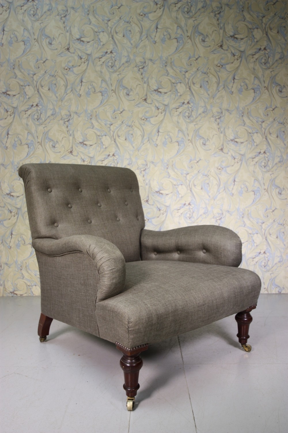 Quality English Antique Armchair in Yorkshire Fabric.