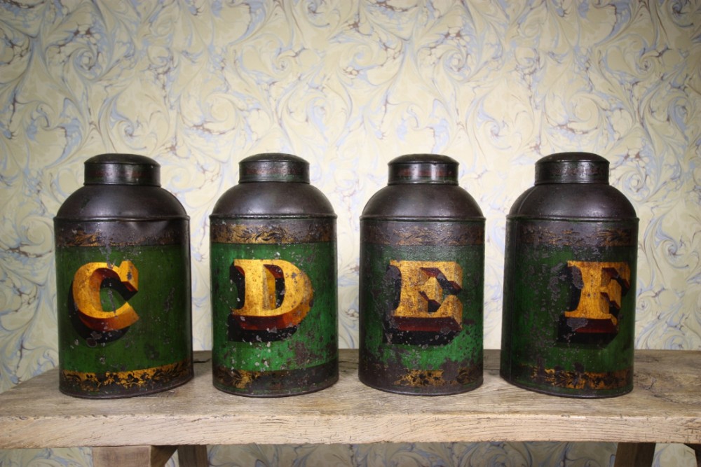 Set of Four English Antique Toleware Tea Tins CDEF.