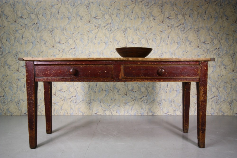 English Antique Pine Serving Table in Original Paint.