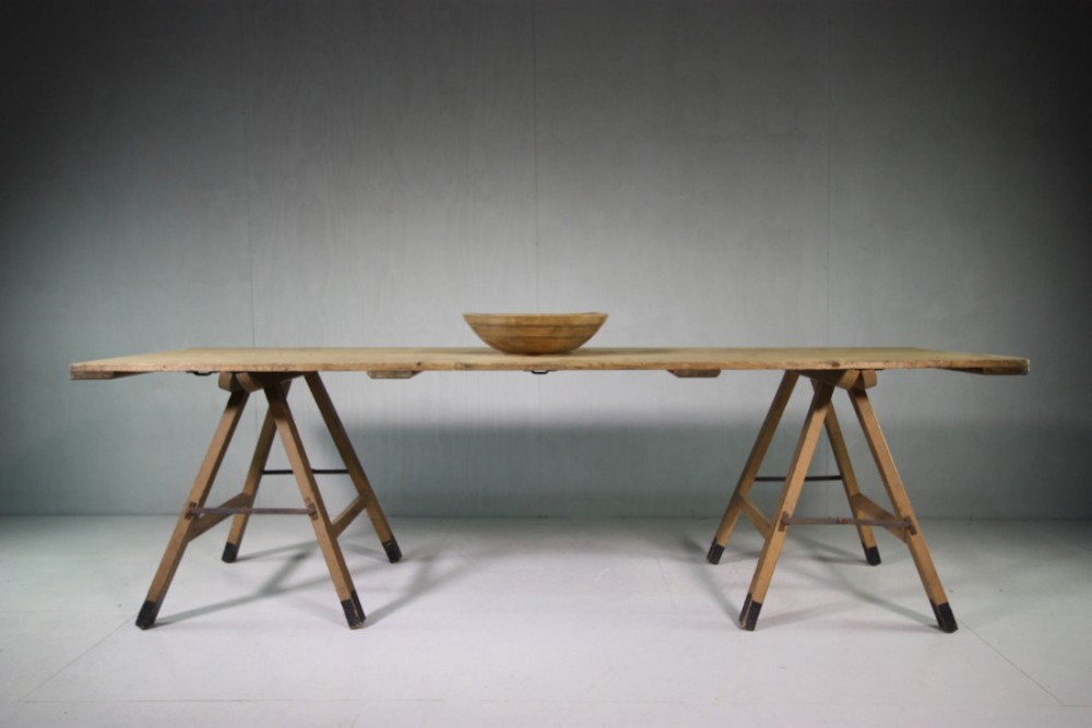 Super Antique Trestle Dining Table in Original Paint 