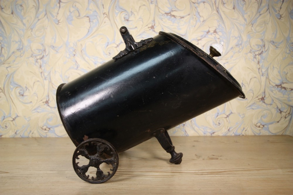 Antique Purdonium Tole Ware Coal Scuttle on Wheels.