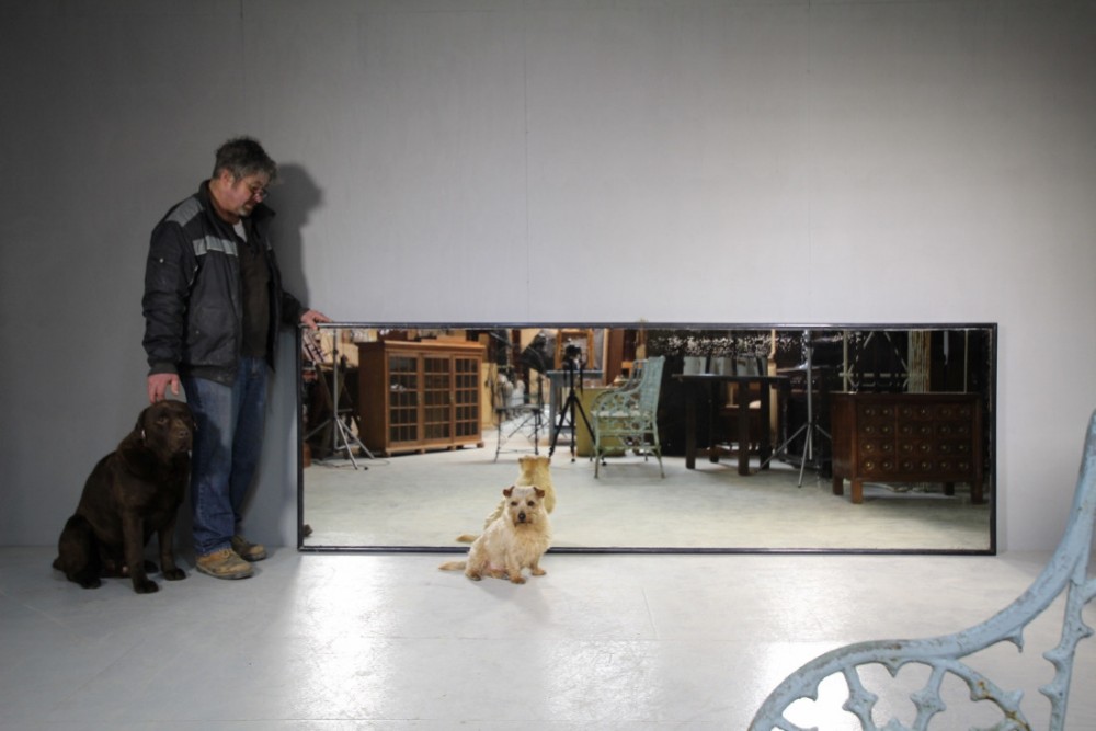 Huge Ebonised Antique Outfitters Mirror.