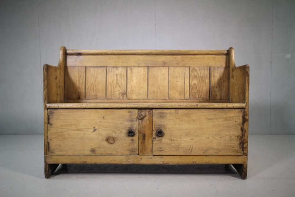 19th Century Antique Pine Settle with Cupboard.