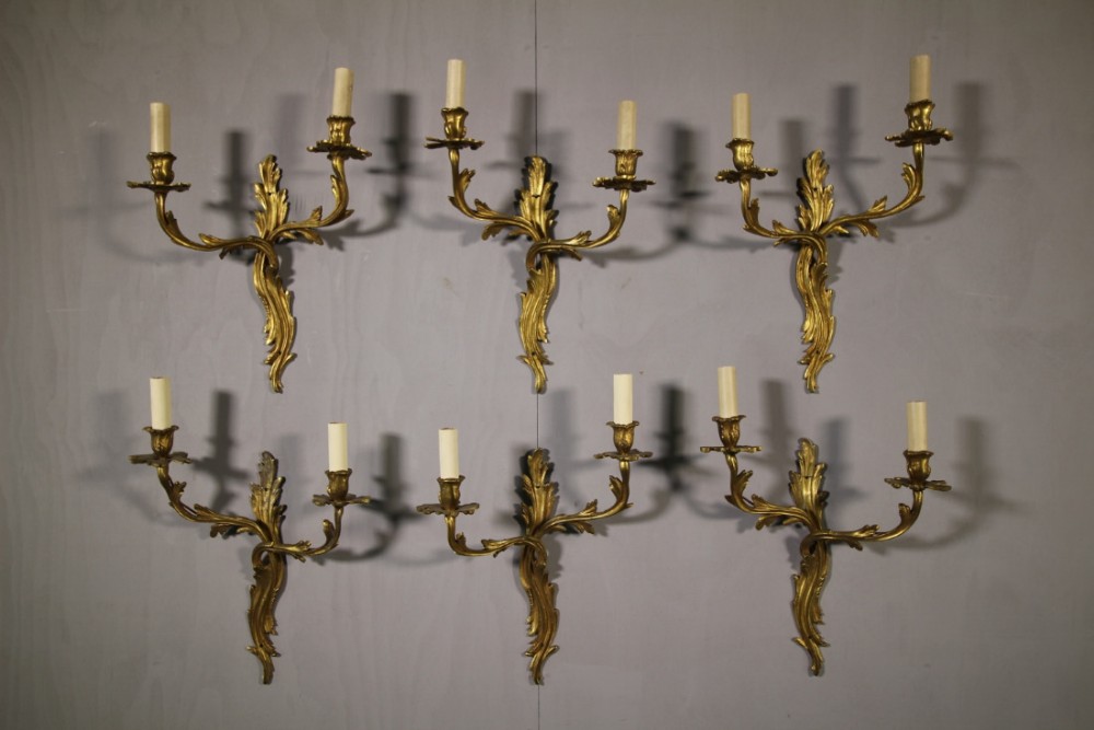 Set of Six Edwardian Antique Ormolu Brass Wall Lights 