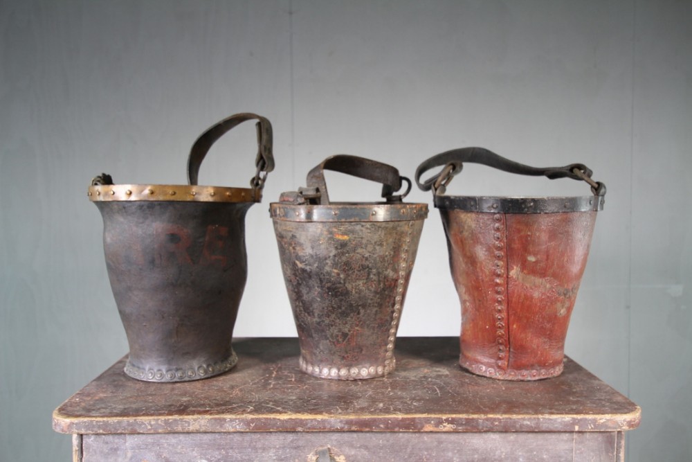 Set of Three English Antique Leather Fire Buckets.