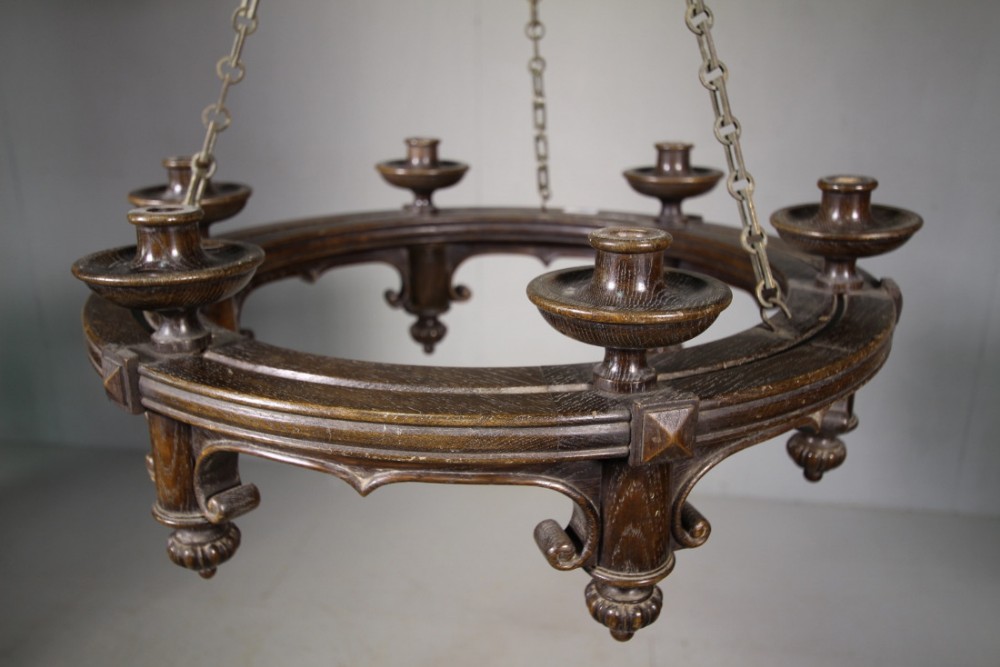 Complete 1920's Large Oak Chandelier.