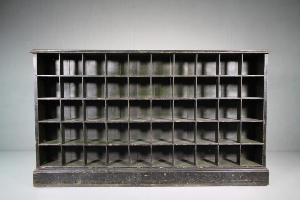 Large English Antique Painted Pine Pigeon Hole Shelving.