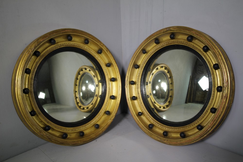 Pair of 19th Century Antique Gilt Convex Mirrors.