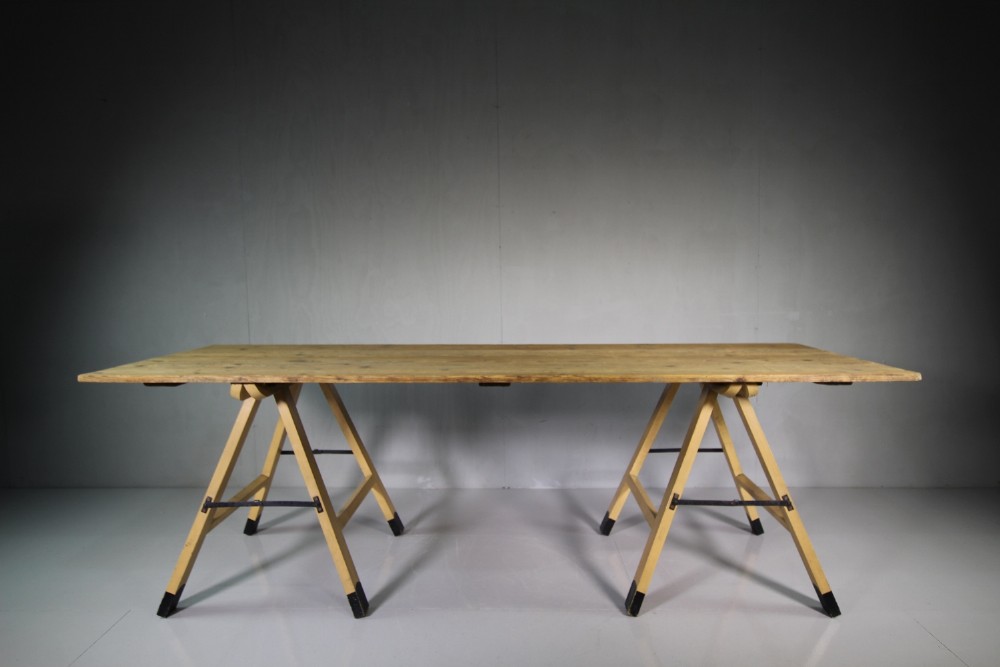 Antique Original Painted Pine Trestle Dining Table.