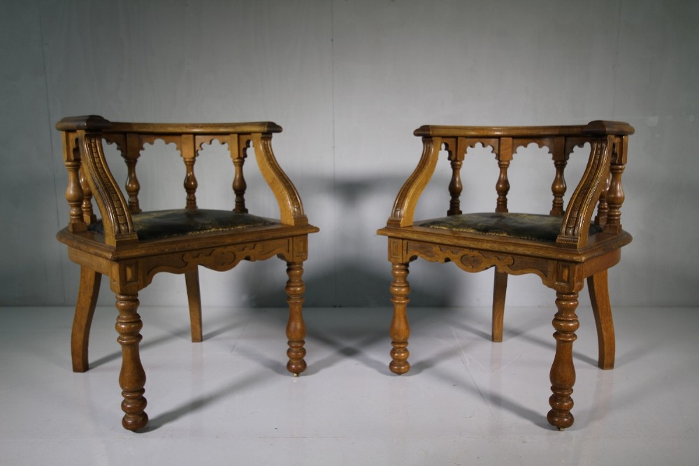 Pair of Taylor of Edinburgh Antique Oak Armchairs. Four Pairs Available.